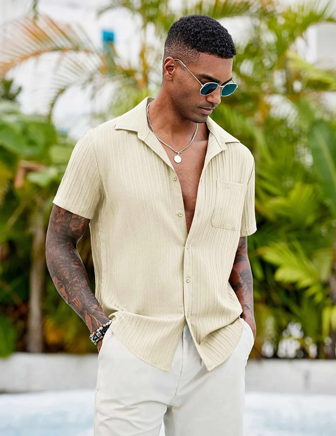 COOFANDY Men's Casual Short Sleeve Button Down Shirts Textured Summer Beach Shirts Hawaiian Floral Vacation Shirts