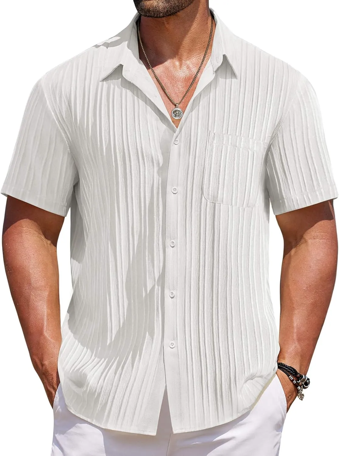 COOFANDY Men's Casual Short Sleeve Button Down Shirts Textured Summer Beach Shirts Hawaiian Floral Vacation Shirts