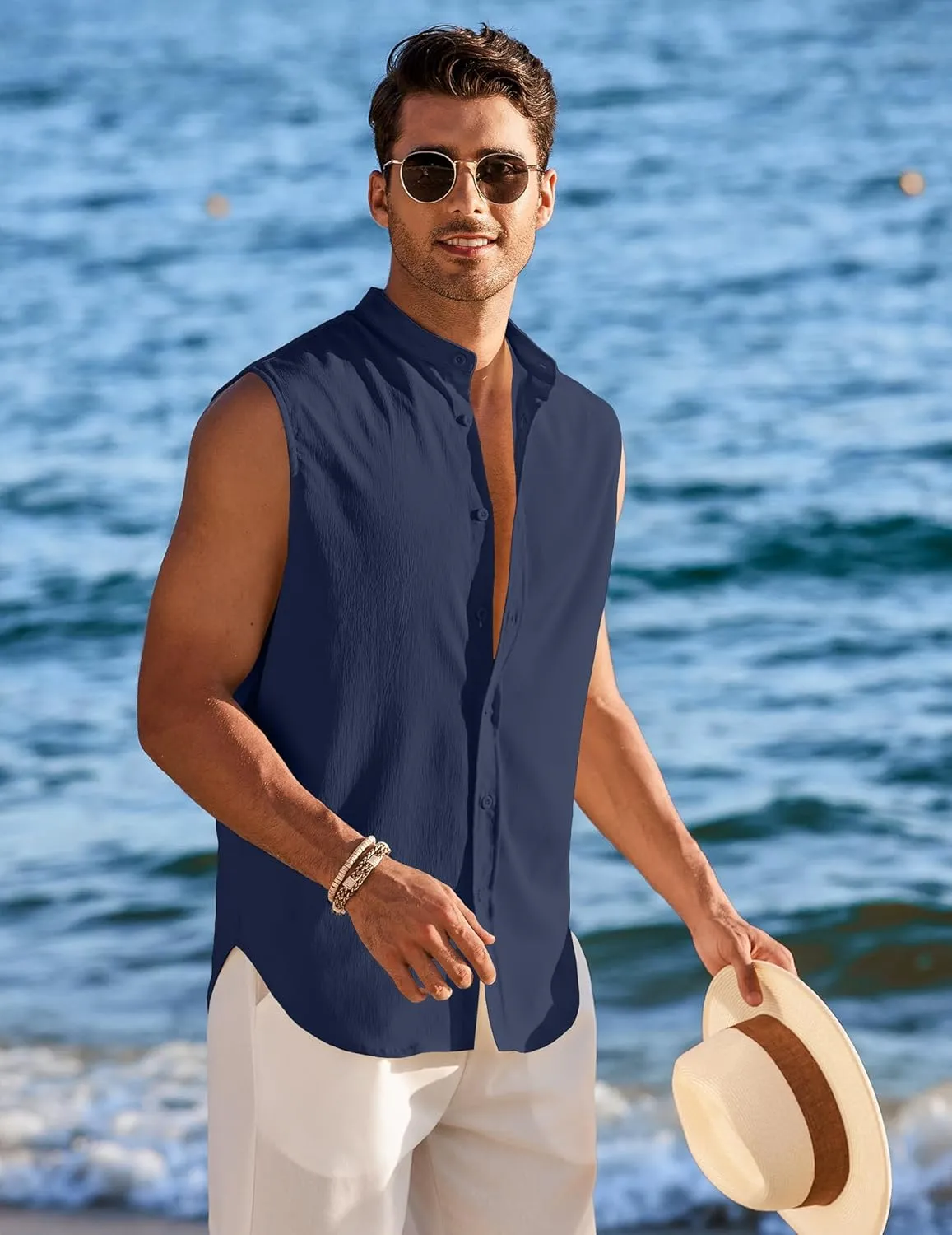 COOFANDY Men's Summer Beach Tank Tops Sleeveless Button Up Shirt Casual Textured Tank Shirts