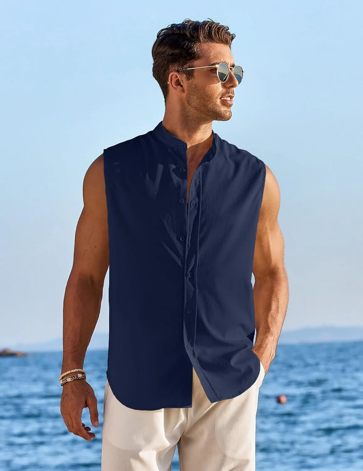 COOFANDY Men's Summer Beach Tank Tops Sleeveless Button Up Shirt Casual Textured Tank Shirts