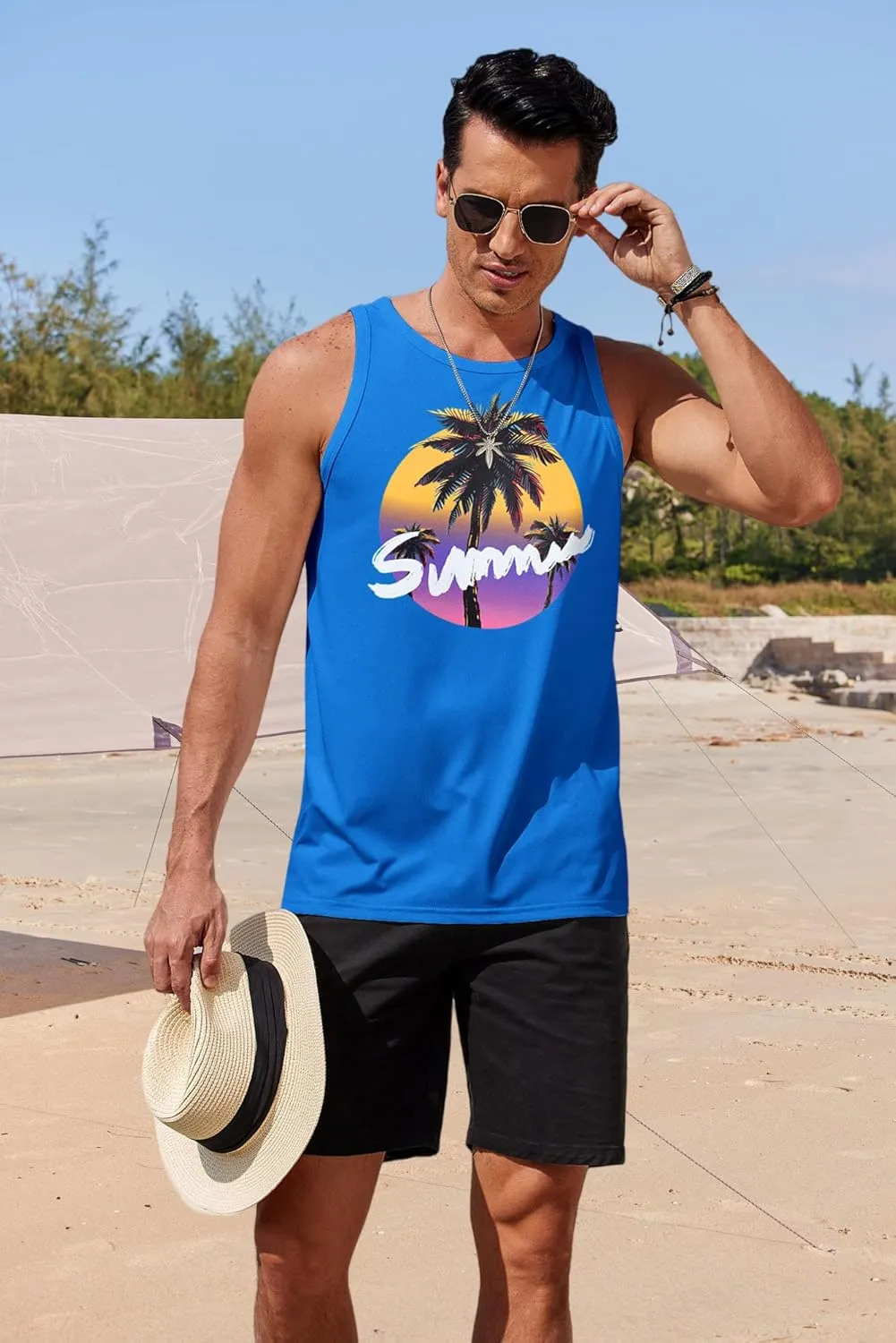 COOFANDY Mens Tank Tops Beach Summer Sleeveless Graphic T Shirts Palm Tree Vacation Quick Dry Muscle Tank