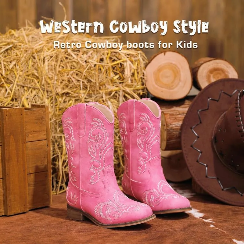Cowboy Boots for Girls Boys Kids Cowgirl Riding Boots Square Toe Western Embroidery Mid-Calf Birthday Party Toddler Big Kid