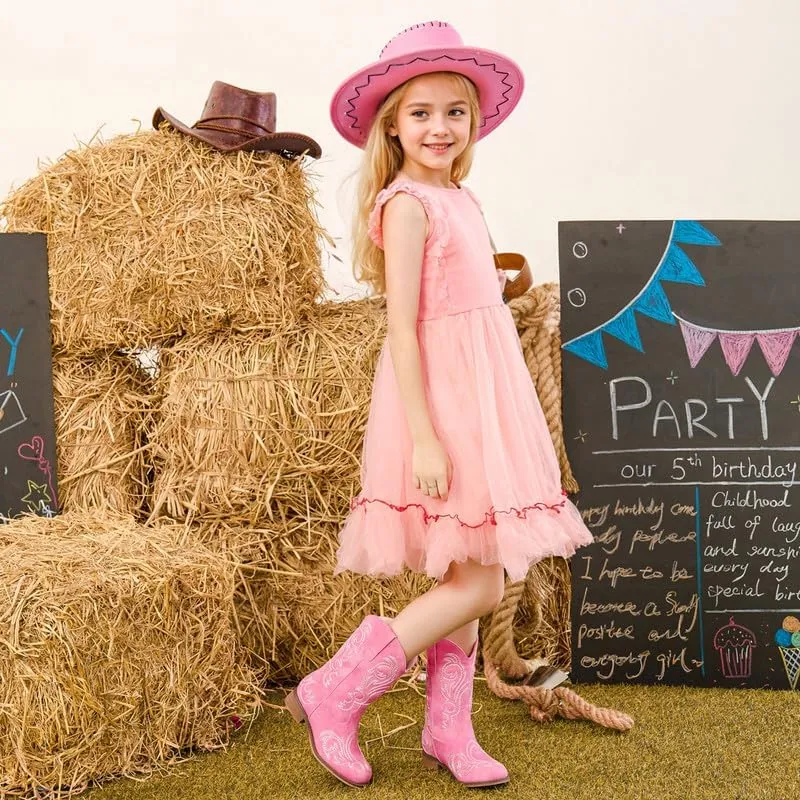 Cowboy Boots for Girls Boys Kids Cowgirl Riding Boots Square Toe Western Embroidery Mid-Calf Birthday Party Toddler Big Kid