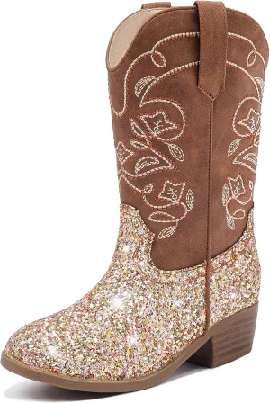 Cowgirl Boots for Girls Mid Calf Youth Girl Cowboy Western Boots Pointed Toe Embroidered for Horse Riding Country Party Toddler Little Big Kids