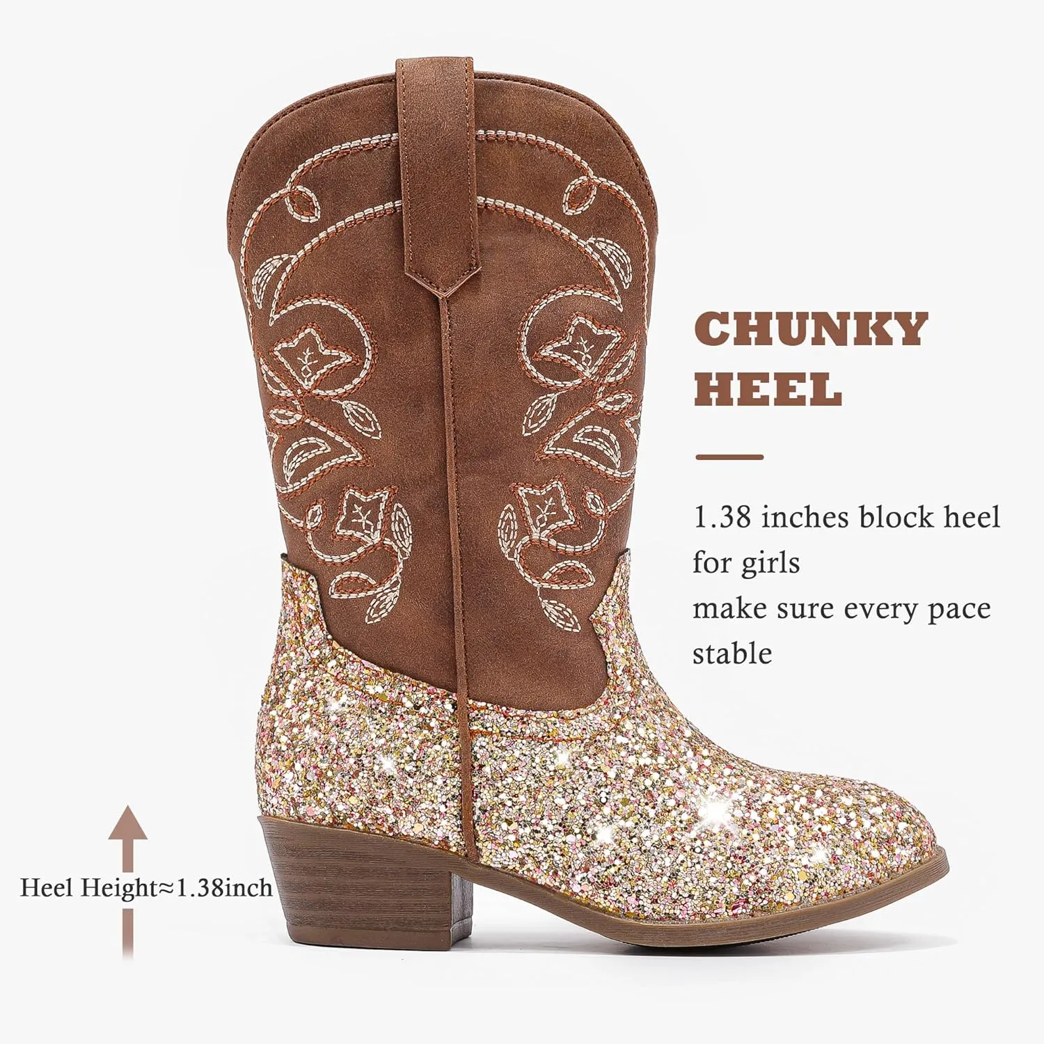 Cowgirl Boots for Girls Mid Calf Youth Girl Cowboy Western Boots Pointed Toe Embroidered for Horse Riding Country Party Toddler Little Big Kids