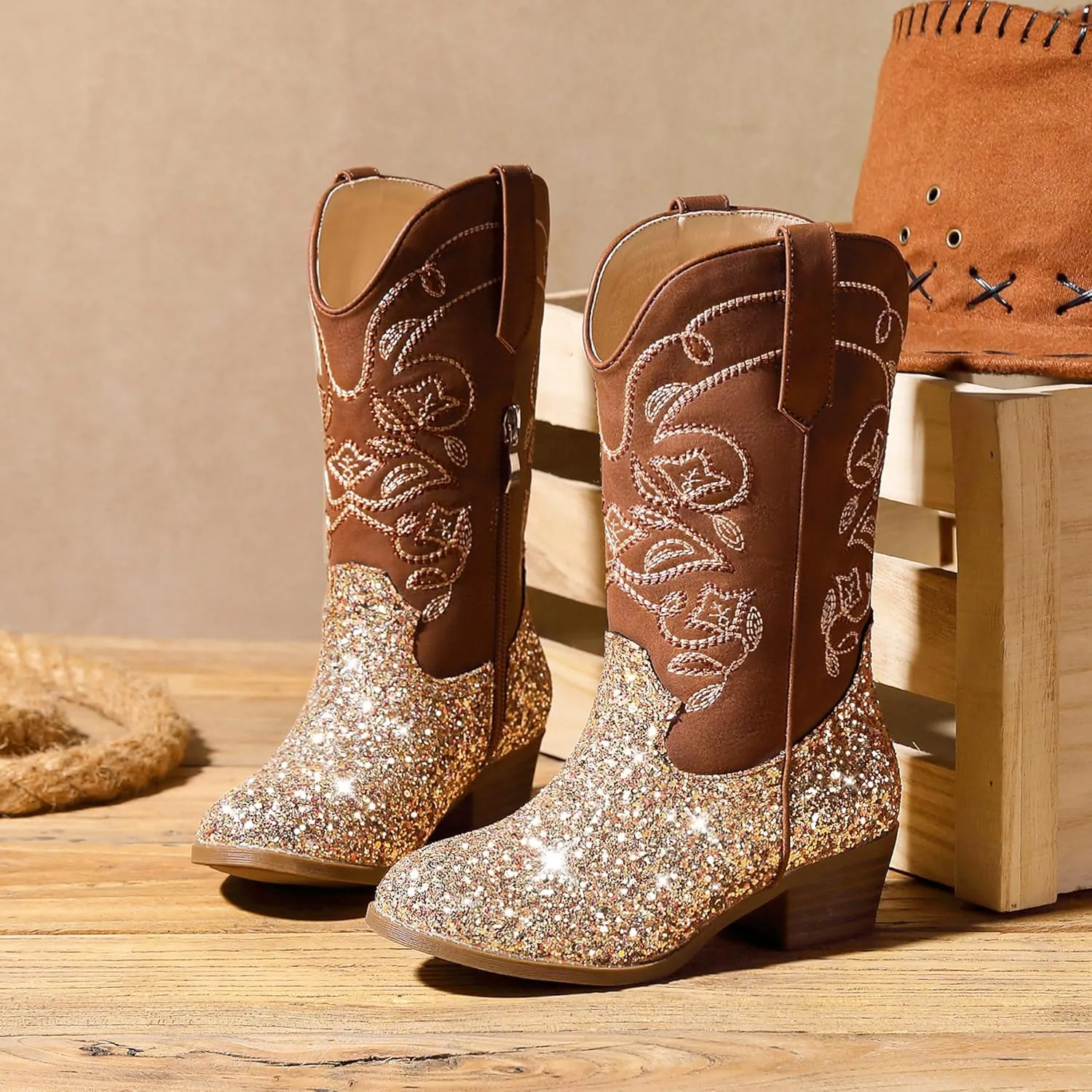 Cowgirl Boots for Girls Mid Calf Youth Girl Cowboy Western Boots Pointed Toe Embroidered for Horse Riding Country Party Toddler Little Big Kids