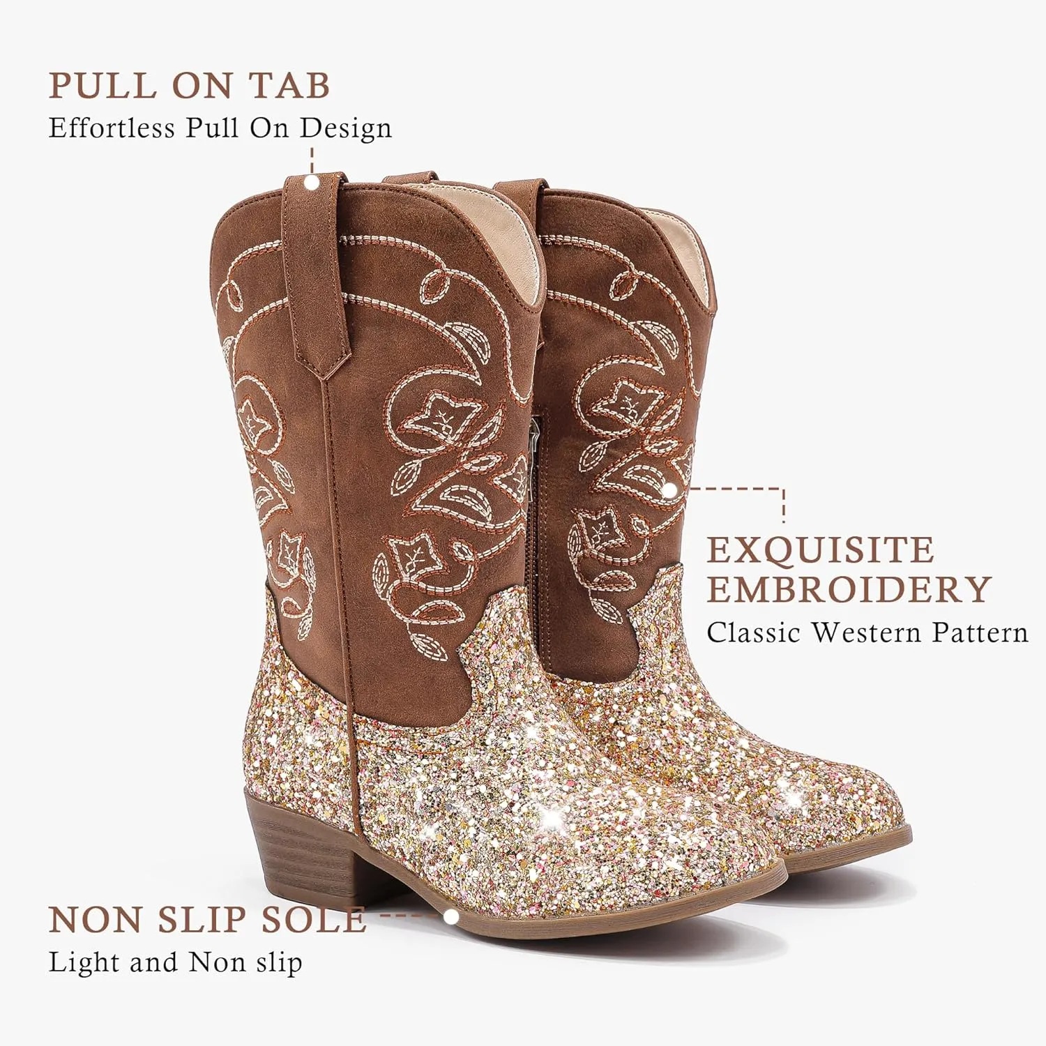 Cowgirl Boots for Girls Mid Calf Youth Girl Cowboy Western Boots Pointed Toe Embroidered for Horse Riding Country Party Toddler Little Big Kids