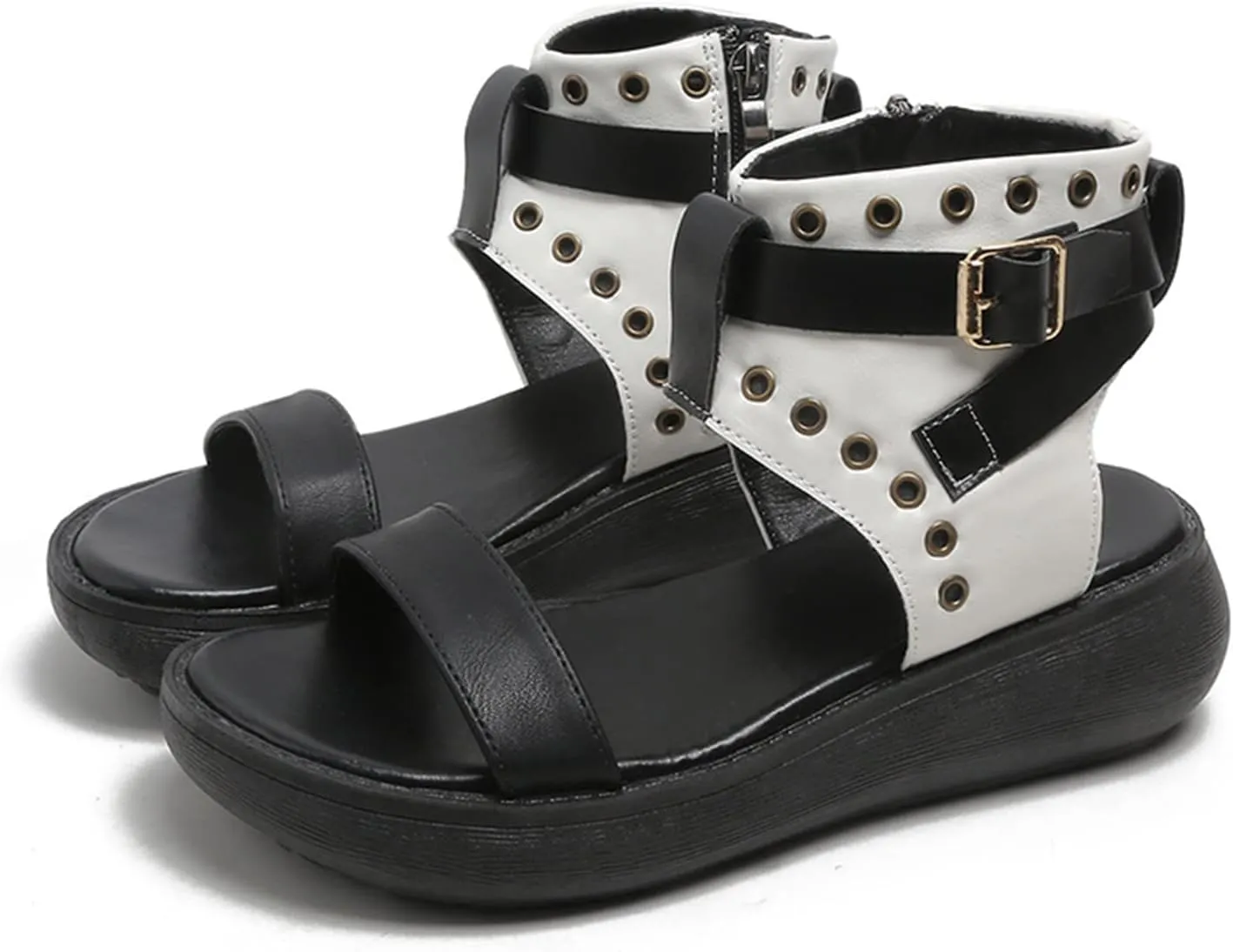 Crepuscute Women's Leather High Top Platform Peep Toe Sandals With Buckle Fashion Adjustable Side Zip Roman Sandals Summer Outdoor Beach Walking Sandals