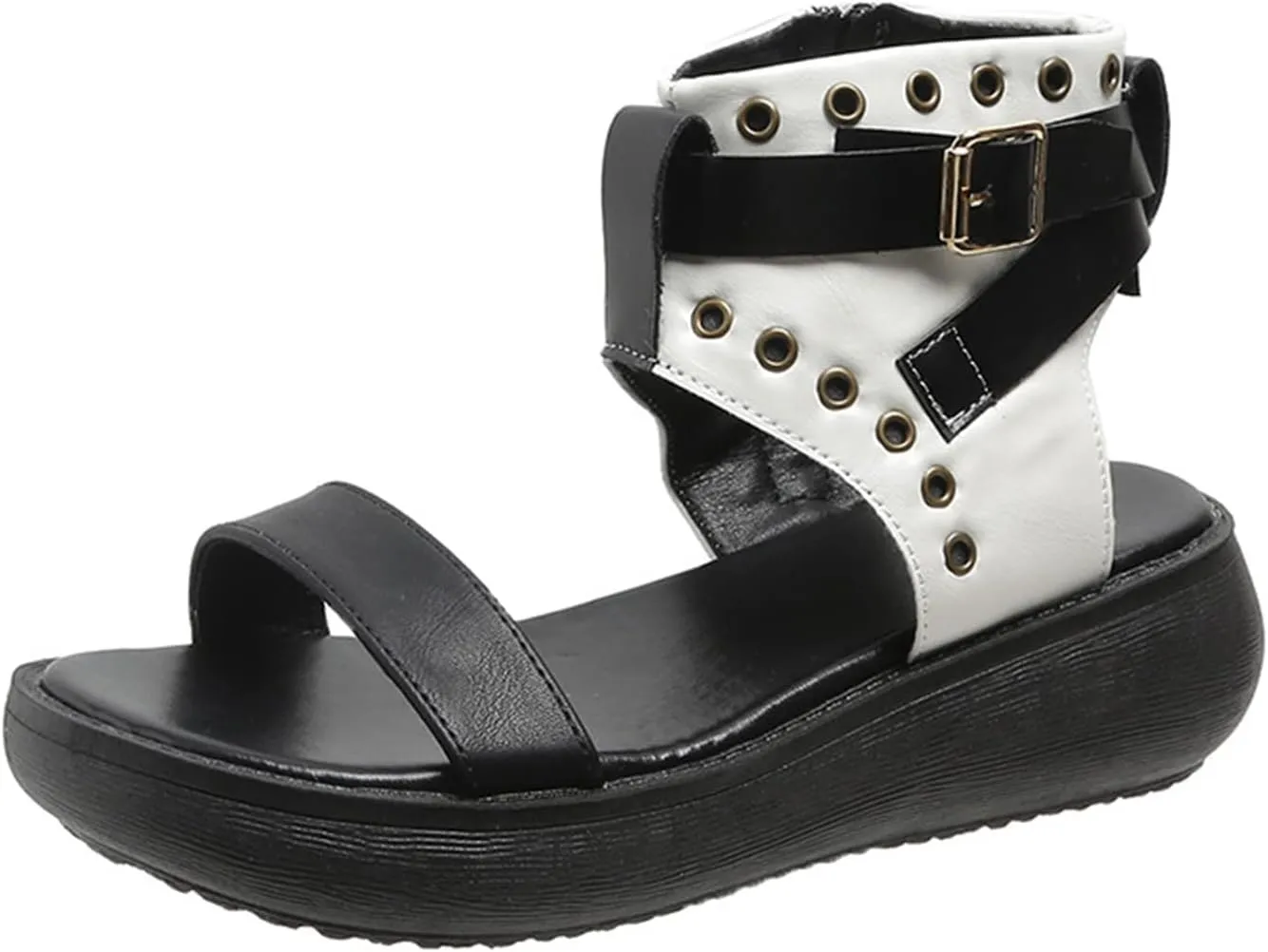 Crepuscute Women's Leather High Top Platform Peep Toe Sandals With Buckle Fashion Adjustable Side Zip Roman Sandals Summer Outdoor Beach Walking Sandals