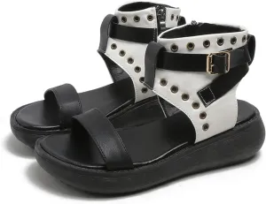 Crepuscute Women's Leather High Top Platform Peep Toe Sandals With Buckle Fashion Adjustable Side Zip Roman Sandals Summer Outdoor Beach Walking Sandals