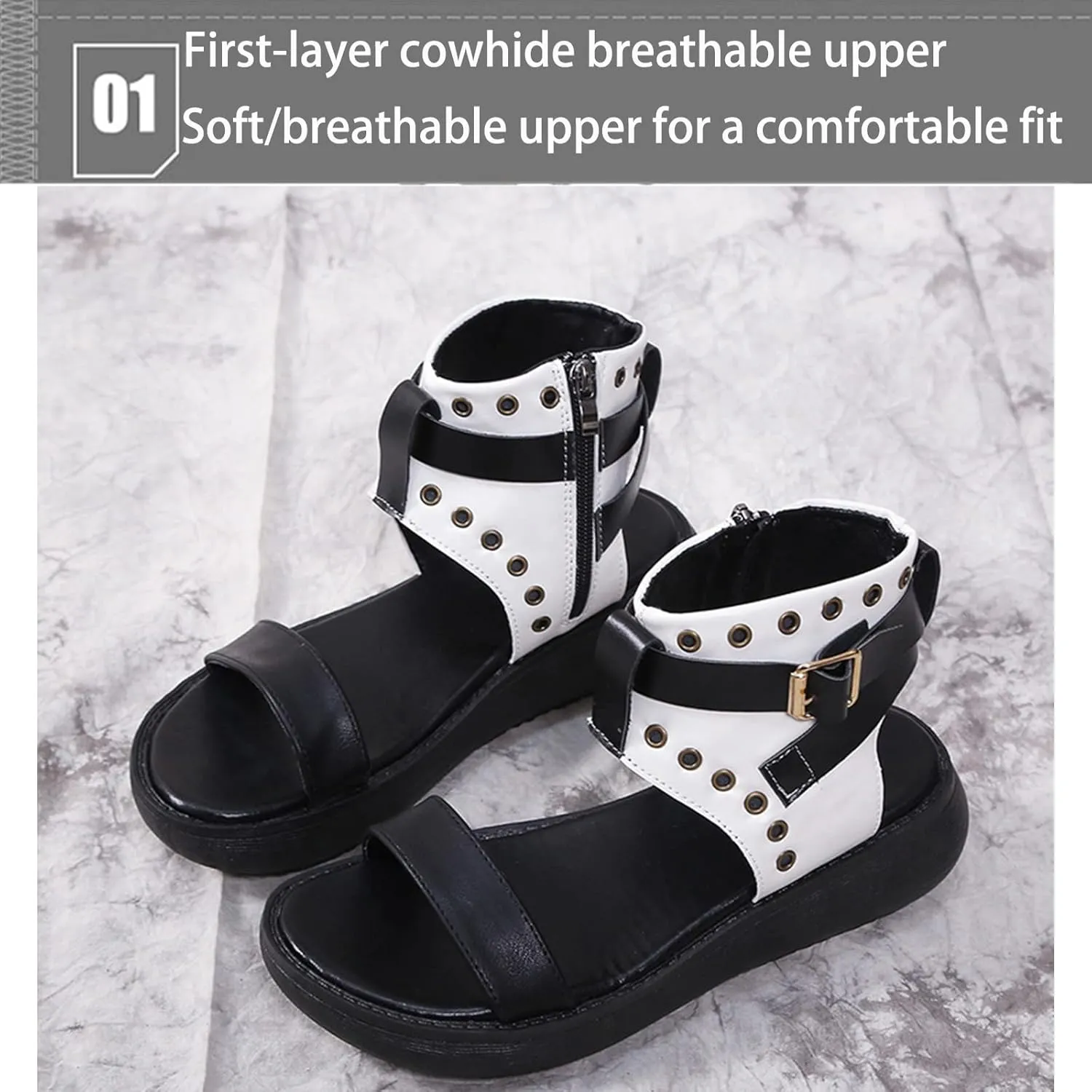 Crepuscute Women's Leather High Top Platform Peep Toe Sandals With Buckle Fashion Adjustable Side Zip Roman Sandals Summer Outdoor Beach Walking Sandals