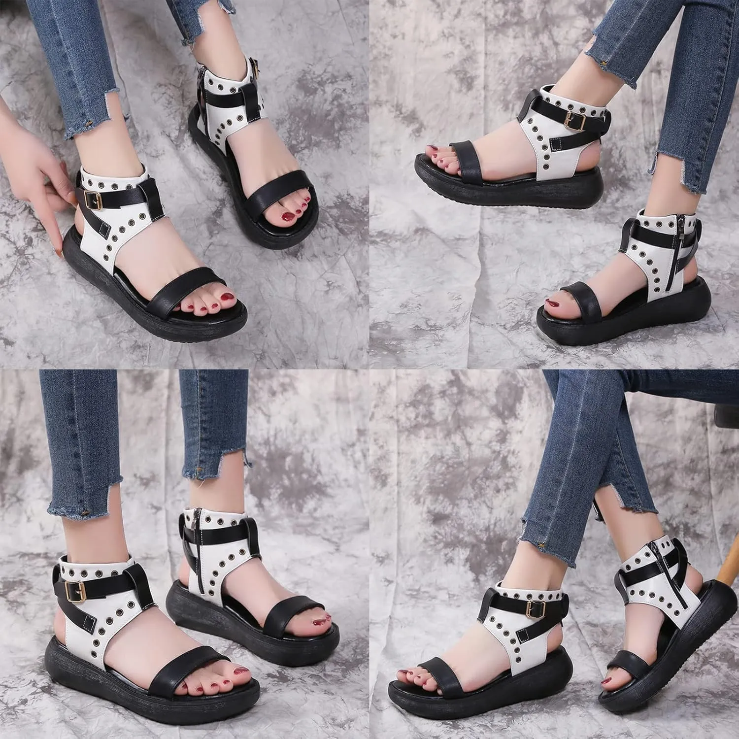 Crepuscute Women's Leather High Top Platform Peep Toe Sandals With Buckle Fashion Adjustable Side Zip Roman Sandals Summer Outdoor Beach Walking Sandals