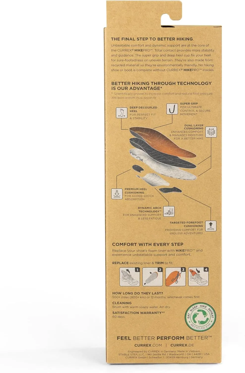 CURREX HikePro Insoles for Hiking Boots & Shoes – Shock Absorbing Inserts to Help Reduce Fatigue and Increase Performance – Anti-Slip Heel Surface forStability – for Men & Women – Medium Arch, Large