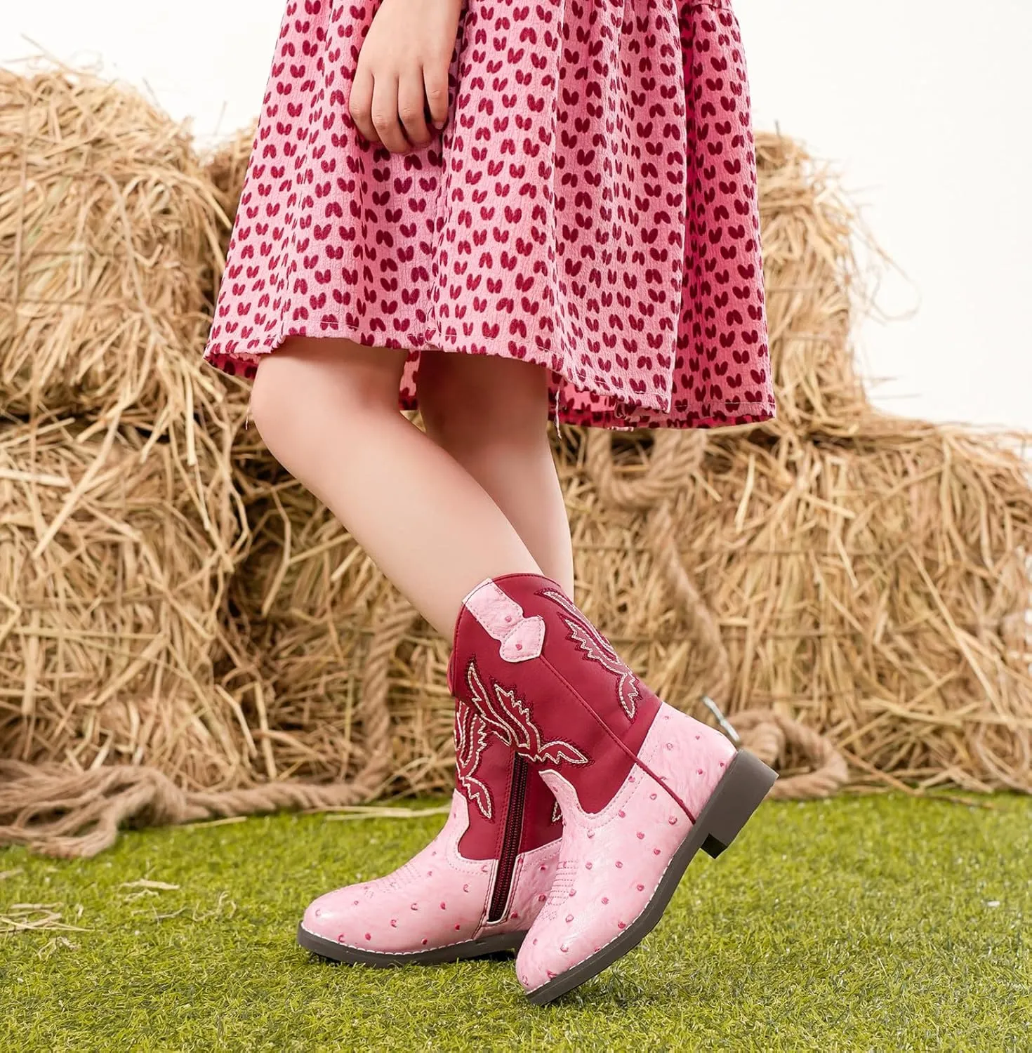 DADAWEN Boys Girls Cowboy Boots Bumps Embroidery Square Toe Mid Calf Western Cowgirl Boots Riding Shoes (Toddler Little Kid Big Kid)