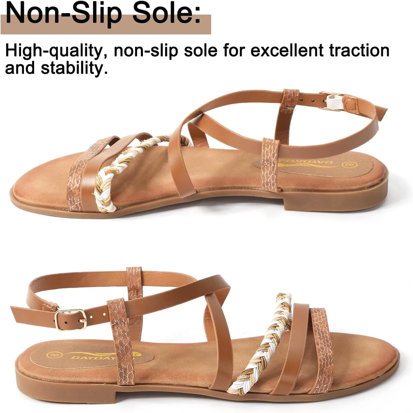 DAYDAYGO Women's Elegant Flat Sandals with Adjustable Ankle Strap and Memory Foam - Dressy and Comfortable for Summer - Fashionable and Trendy for Girls and Women - Strappy Sandal