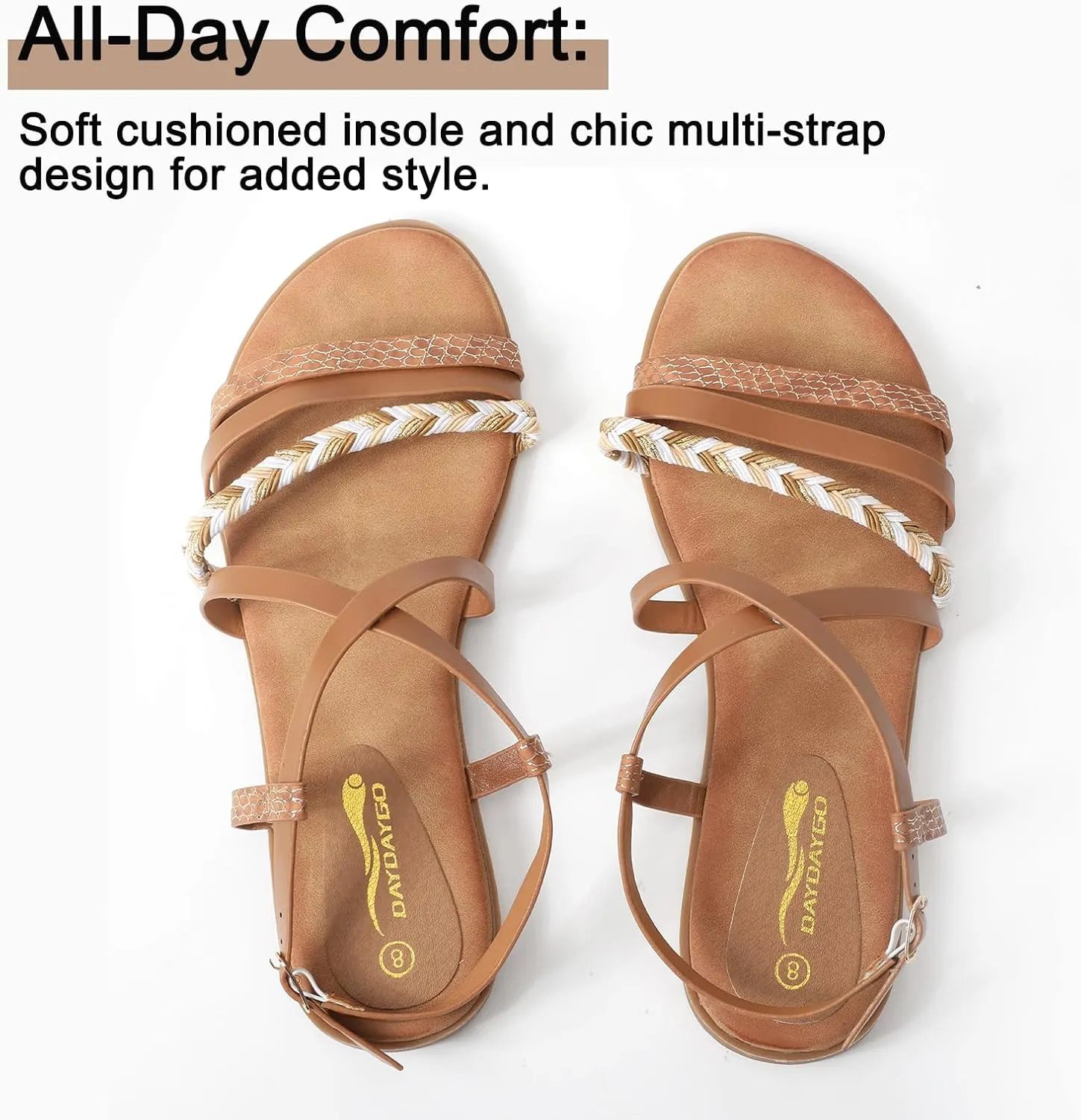 DAYDAYGO Women's Elegant Flat Sandals with Adjustable Ankle Strap and Memory Foam - Dressy and Comfortable for Summer - Fashionable and Trendy for Girls and Women - Strappy Sandal