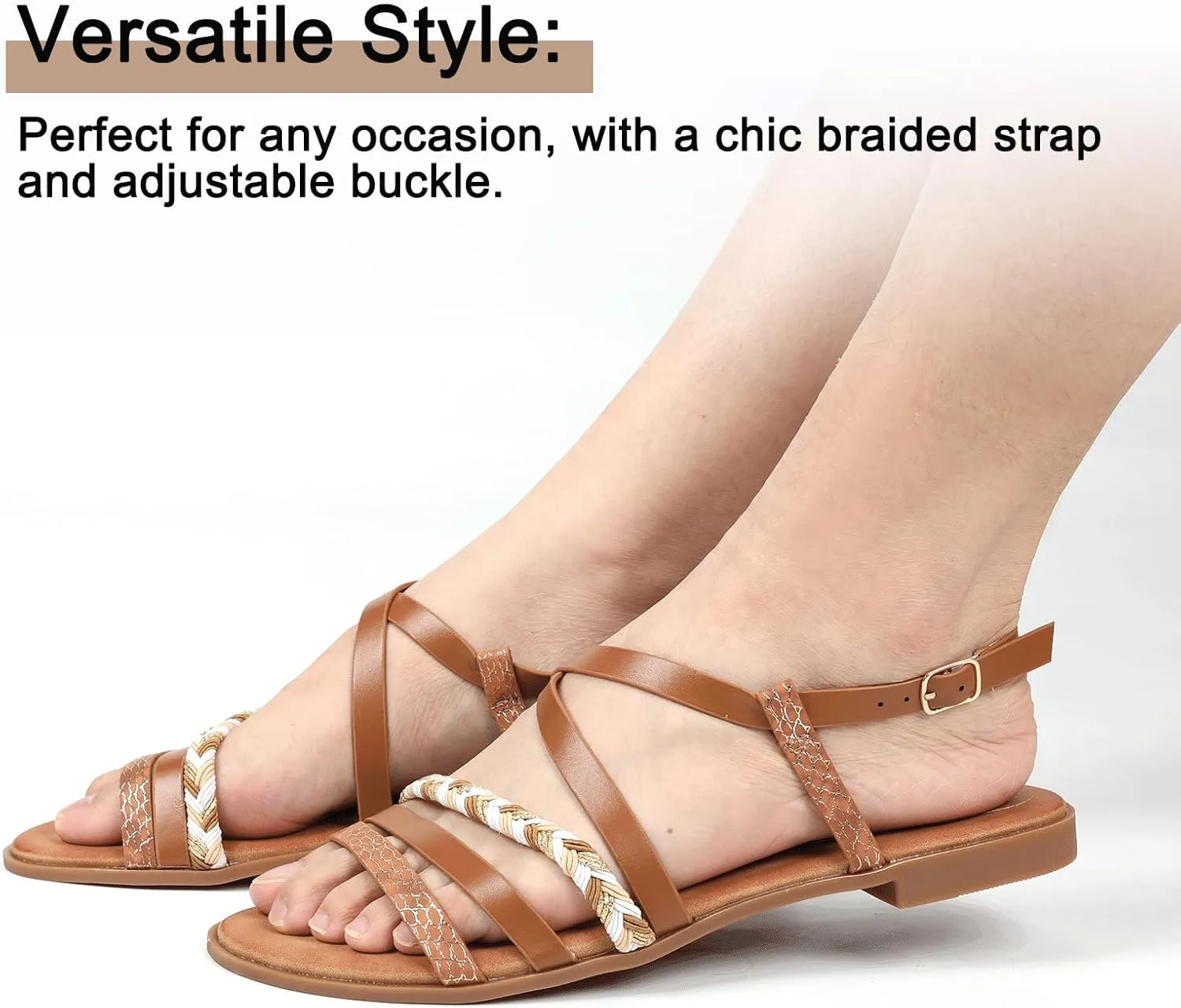 DAYDAYGO Women's Elegant Flat Sandals with Adjustable Ankle Strap and Memory Foam - Dressy and Comfortable for Summer - Fashionable and Trendy for Girls and Women - Strappy Sandal