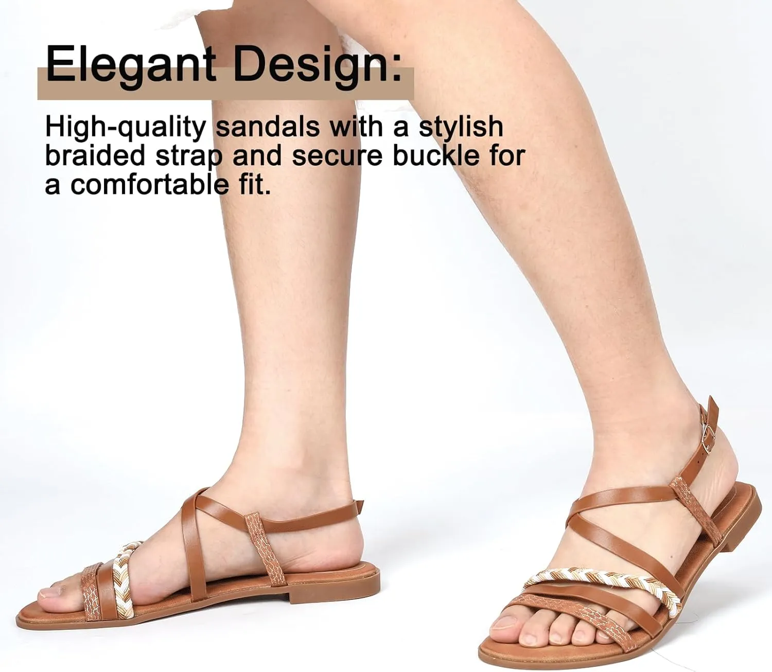 DAYDAYGO Women's Elegant Flat Sandals with Adjustable Ankle Strap and Memory Foam - Dressy and Comfortable for Summer - Fashionable and Trendy for Girls and Women - Strappy Sandal