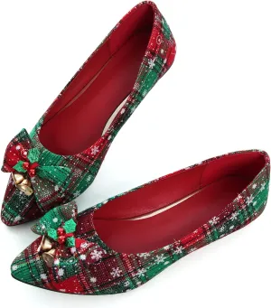 Dear Time Women's Christmas Flats Dress Plaid Shoes Slip on Loafers with Bow Party Evening Wedding Shoes