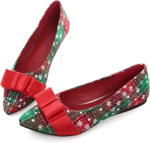 Dear Time Women's Christmas Flats Dress Plaid Shoes Slip on Loafers with Bow Party Evening Wedding Shoes