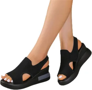 DOIX Soft Comfortable Mesh Knit Sport Sandals for Women Summer Hollow Washable Slingback Ankle Elastic Walking Shoes Casual Breathable Slip on Fish Mouth Sandals,Black,US4/EU35