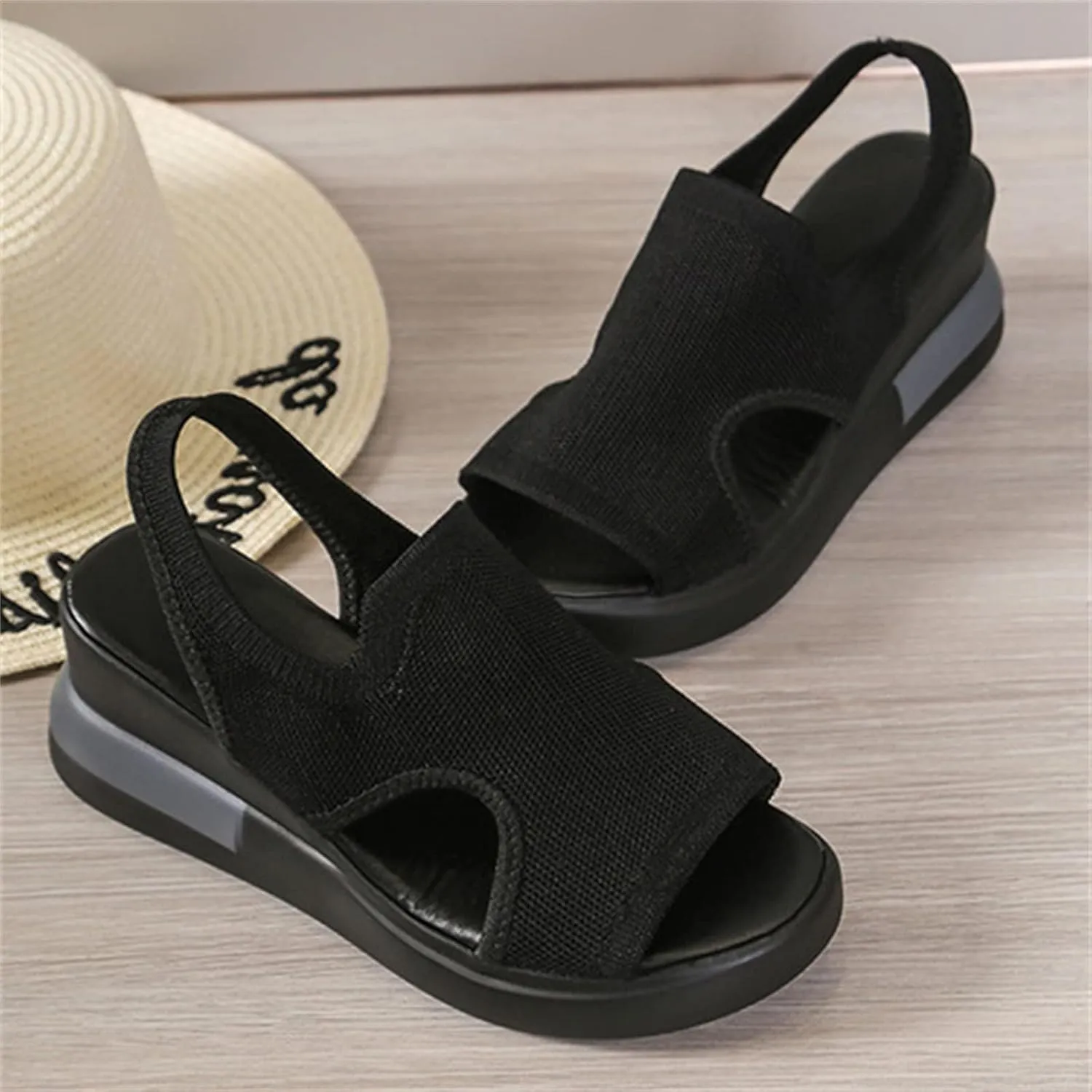 DOIX Soft Comfortable Mesh Knit Sport Sandals for Women Summer Hollow Washable Slingback Ankle Elastic Walking Shoes Casual Breathable Slip on Fish Mouth Sandals,Black,US4/EU35