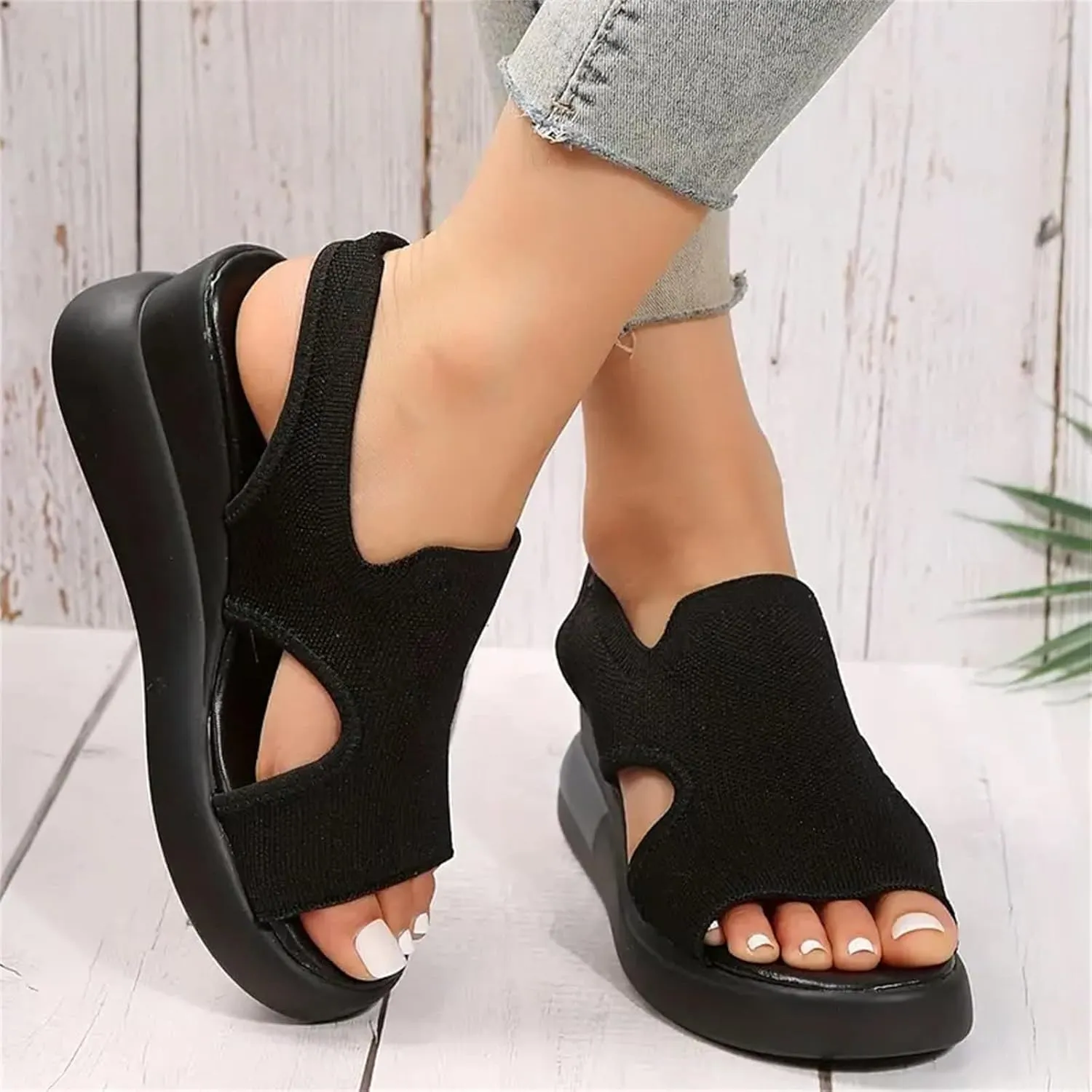 DOIX Soft Comfortable Mesh Knit Sport Sandals for Women Summer Hollow Washable Slingback Ankle Elastic Walking Shoes Casual Breathable Slip on Fish Mouth Sandals,Black,US4/EU35