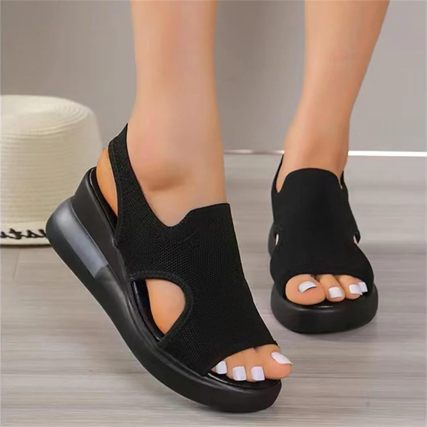 DOIX Soft Comfortable Mesh Knit Sport Sandals for Women Summer Hollow Washable Slingback Ankle Elastic Walking Shoes Casual Breathable Slip on Fish Mouth Sandals,Black,US4/EU35