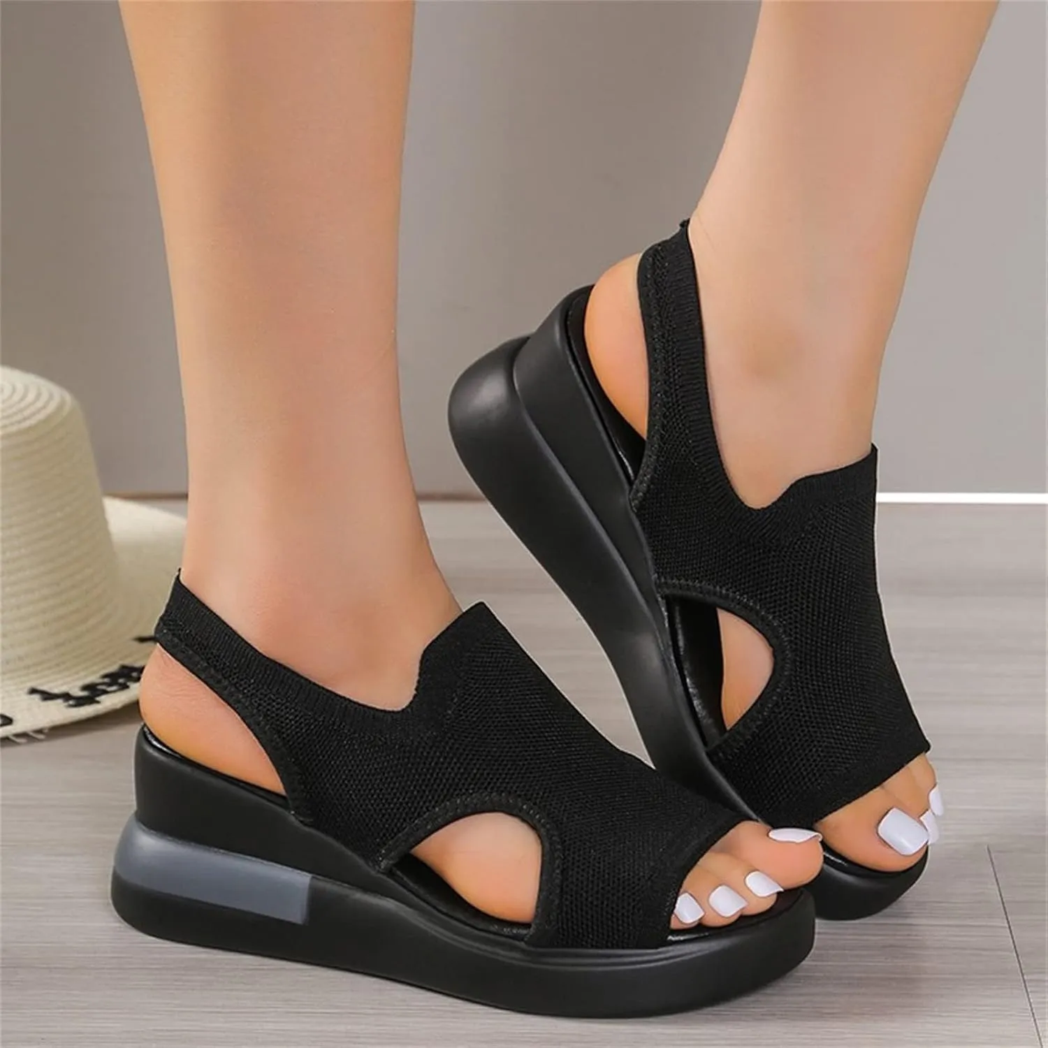 DOIX Soft Comfortable Mesh Knit Sport Sandals for Women Summer Hollow Washable Slingback Ankle Elastic Walking Shoes Casual Breathable Slip on Fish Mouth Sandals,Black,US4/EU35