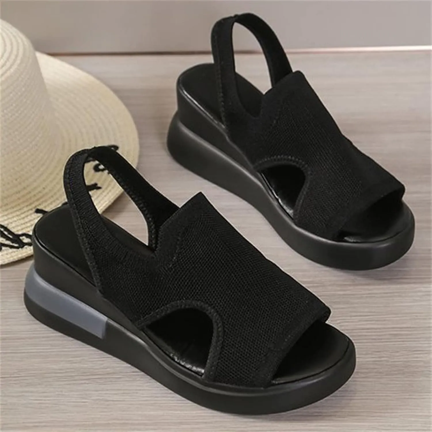 DOIX Soft Comfortable Mesh Knit Sport Sandals for Women Summer Hollow Washable Slingback Ankle Elastic Walking Shoes Casual Breathable Slip on Fish Mouth Sandals,Black,US4/EU35