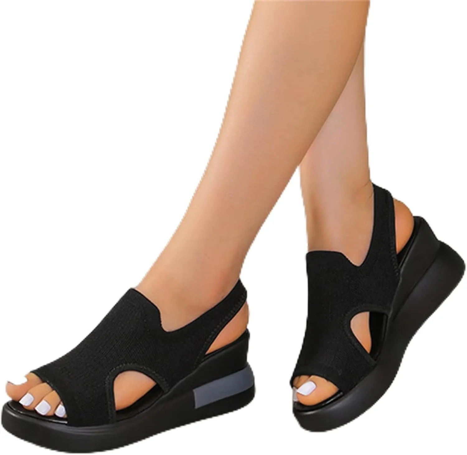 DOIX Soft Comfortable Mesh Knit Sport Sandals for Women Summer Hollow Washable Slingback Ankle Elastic Walking Shoes Casual Breathable Slip on Fish Mouth Sandals,Black,US4/EU35