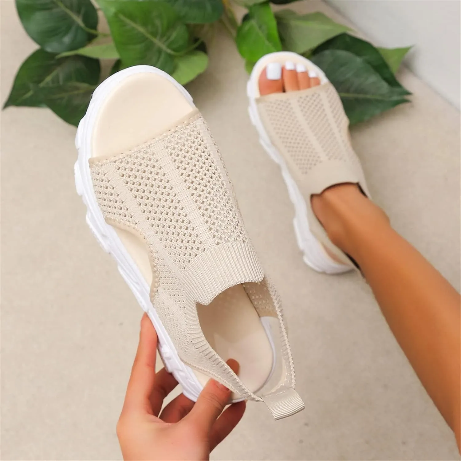 DOIX Wedge Sandals Womens Washable Slingback Comfortable Knit Sport Sandals Mesh Upper Breathable Slip on Sandals Casual Elastic Ankle Beach Shoes,Beige,US8/EU39