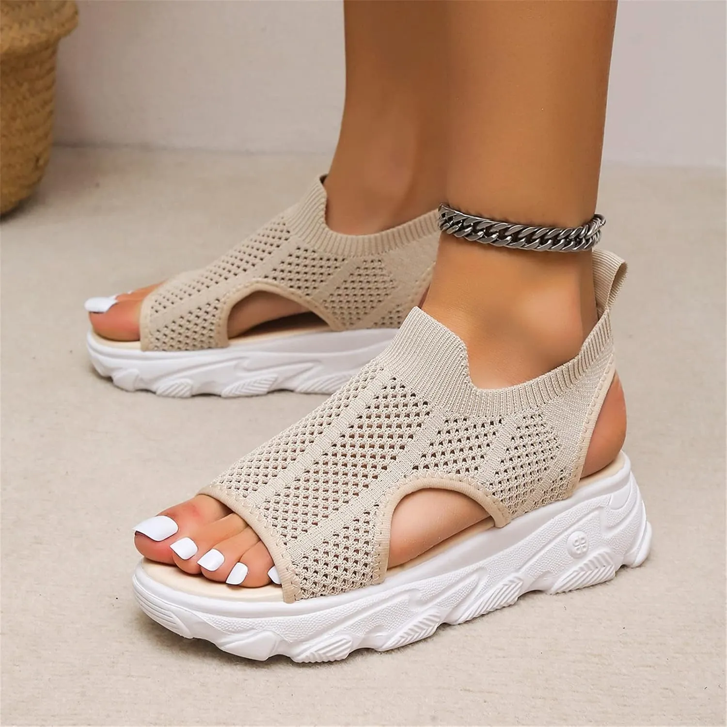 DOIX Wedge Sandals Womens Washable Slingback Comfortable Knit Sport Sandals Mesh Upper Breathable Slip on Sandals Casual Elastic Ankle Beach Shoes,Beige,US8/EU39
