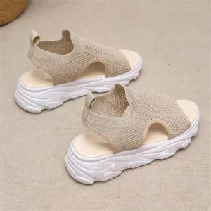 DOIX Wedge Sandals Womens Washable Slingback Comfortable Knit Sport Sandals Mesh Upper Breathable Slip on Sandals Casual Elastic Ankle Beach Shoes,Beige,US8/EU39