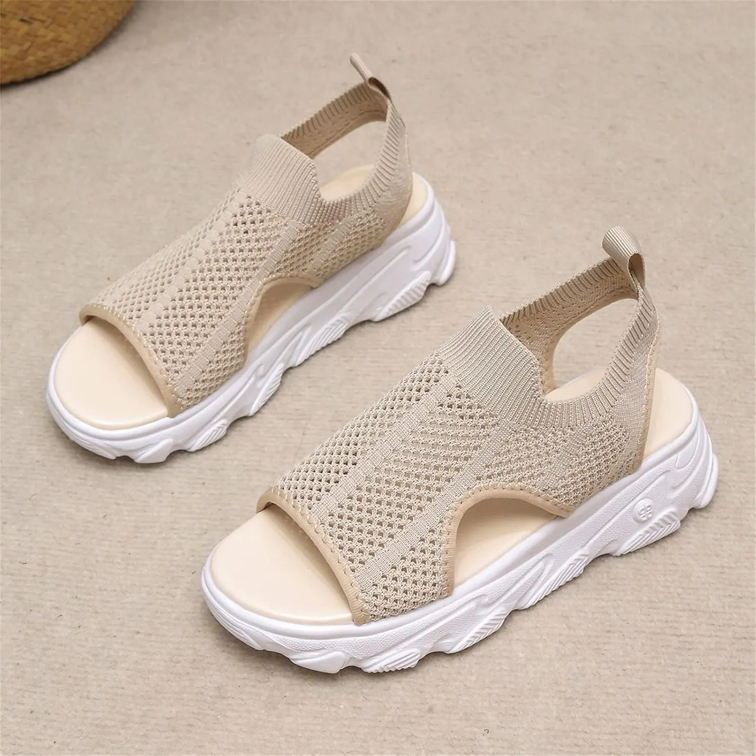 DOIX Wedge Sandals Womens Washable Slingback Comfortable Knit Sport Sandals Mesh Upper Breathable Slip on Sandals Casual Elastic Ankle Beach Shoes,Beige,US8/EU39