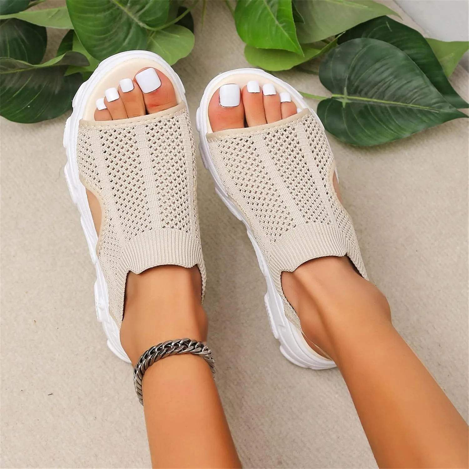 DOIX Wedge Sandals Womens Washable Slingback Comfortable Knit Sport Sandals Mesh Upper Breathable Slip on Sandals Casual Elastic Ankle Beach Shoes,Beige,US8/EU39