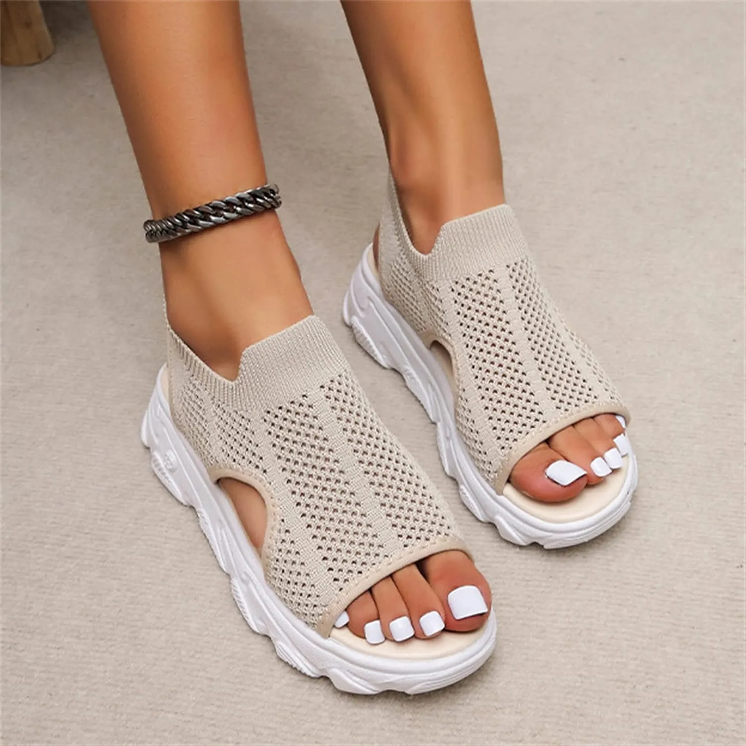 DOIX Wedge Sandals Womens Washable Slingback Comfortable Knit Sport Sandals Mesh Upper Breathable Slip on Sandals Casual Elastic Ankle Beach Shoes,Beige,US8/EU39