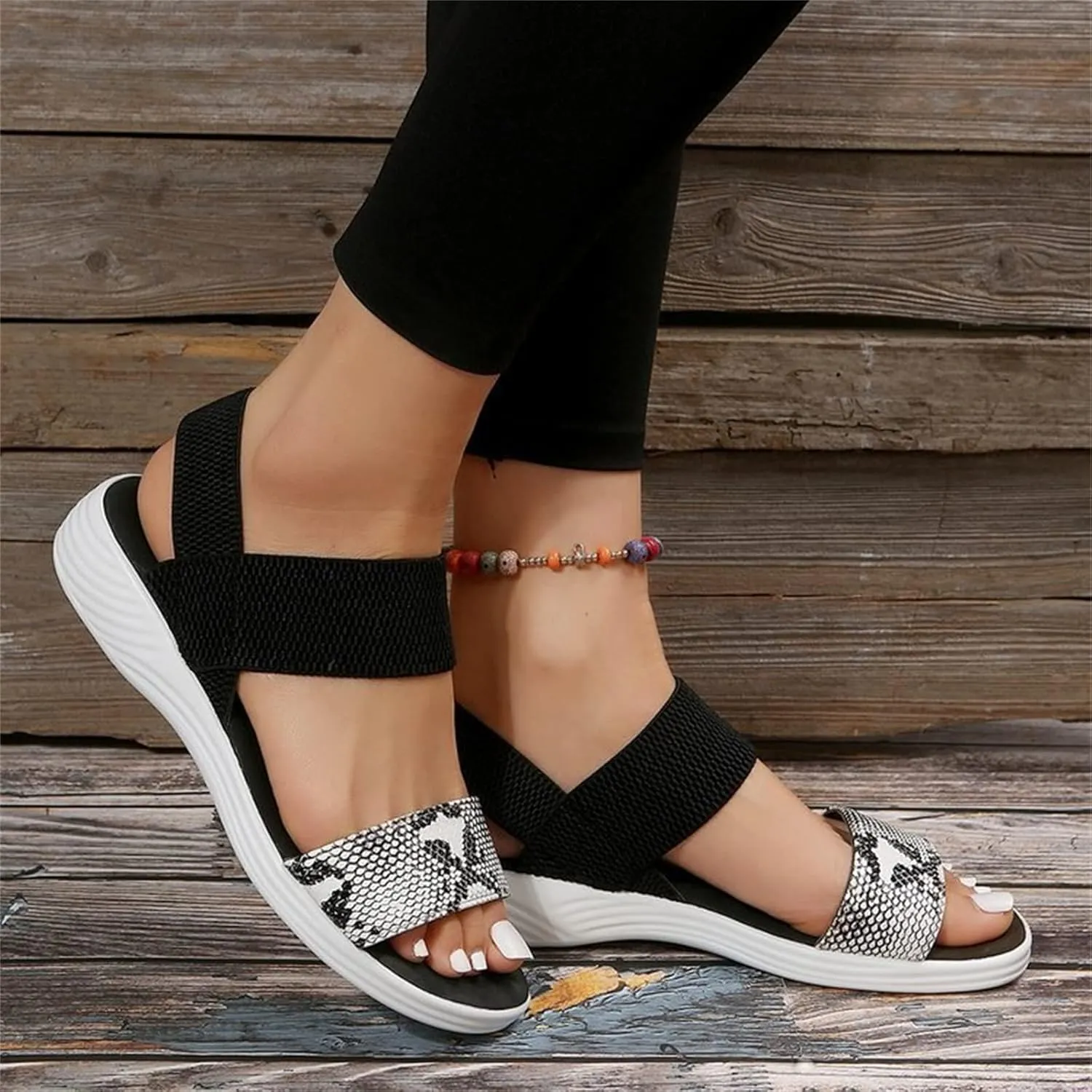 DOIX Womens Summer Snake Print Sport Sandals Comfy Stretch Knit Strap Low Heel Slingback Sandals Casual Open Toe Fish Mouth Sandals Ladies Slip on Walking Shoes,Black,US9/EU40