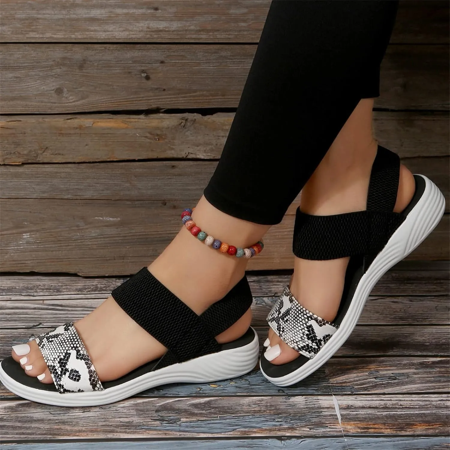 DOIX Womens Summer Snake Print Sport Sandals Comfy Stretch Knit Strap Low Heel Slingback Sandals Casual Open Toe Fish Mouth Sandals Ladies Slip on Walking Shoes,Black,US9/EU40