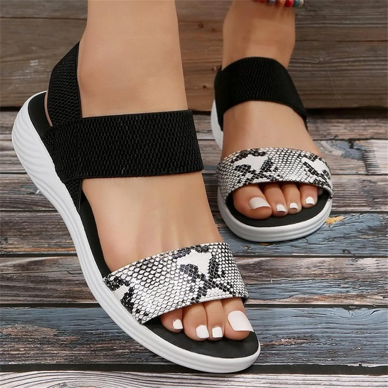 DOIX Womens Summer Snake Print Sport Sandals Comfy Stretch Knit Strap Low Heel Slingback Sandals Casual Open Toe Fish Mouth Sandals Ladies Slip on Walking Shoes,Black,US9/EU40