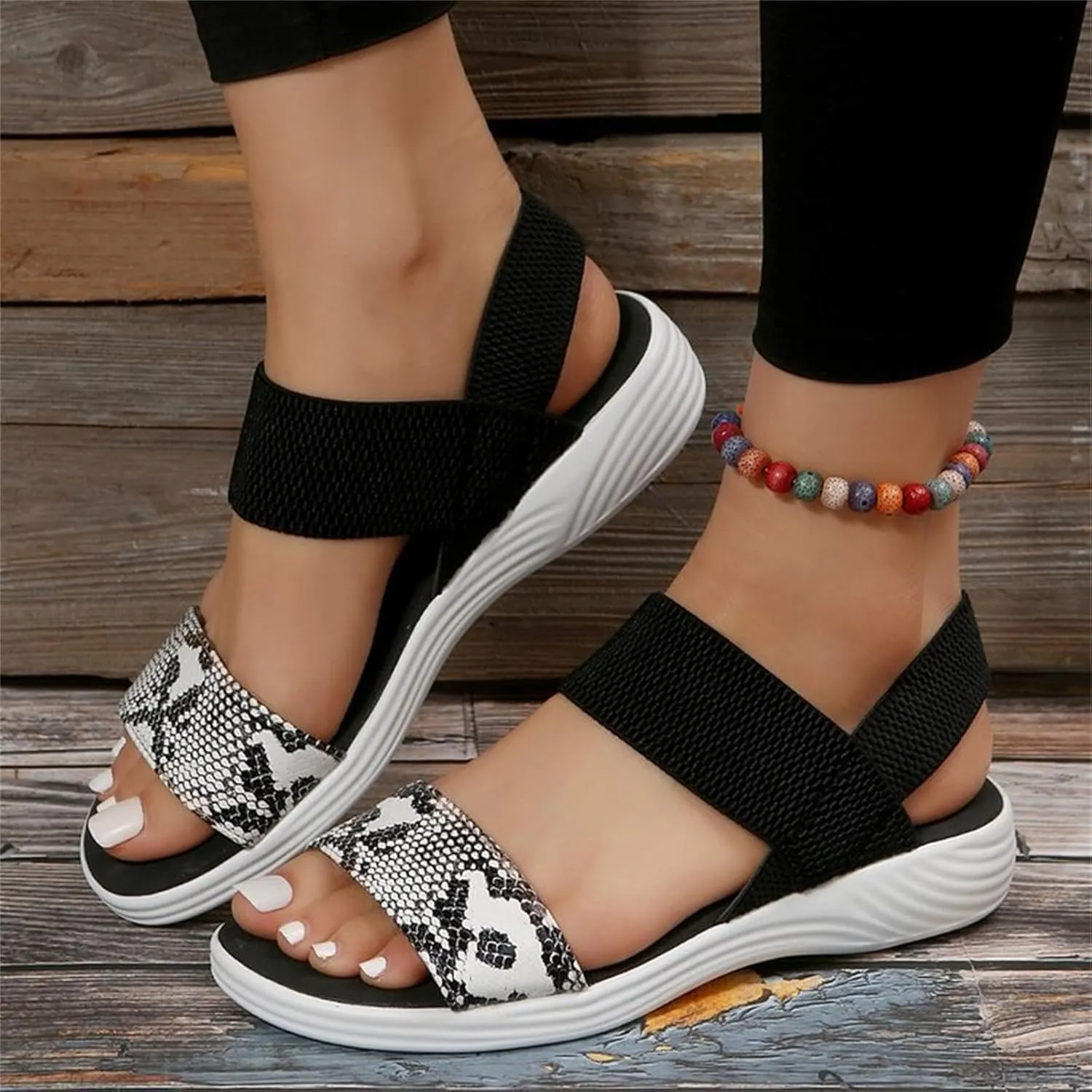 DOIX Womens Summer Snake Print Sport Sandals Comfy Stretch Knit Strap Low Heel Slingback Sandals Casual Open Toe Fish Mouth Sandals Ladies Slip on Walking Shoes,Black,US9/EU40