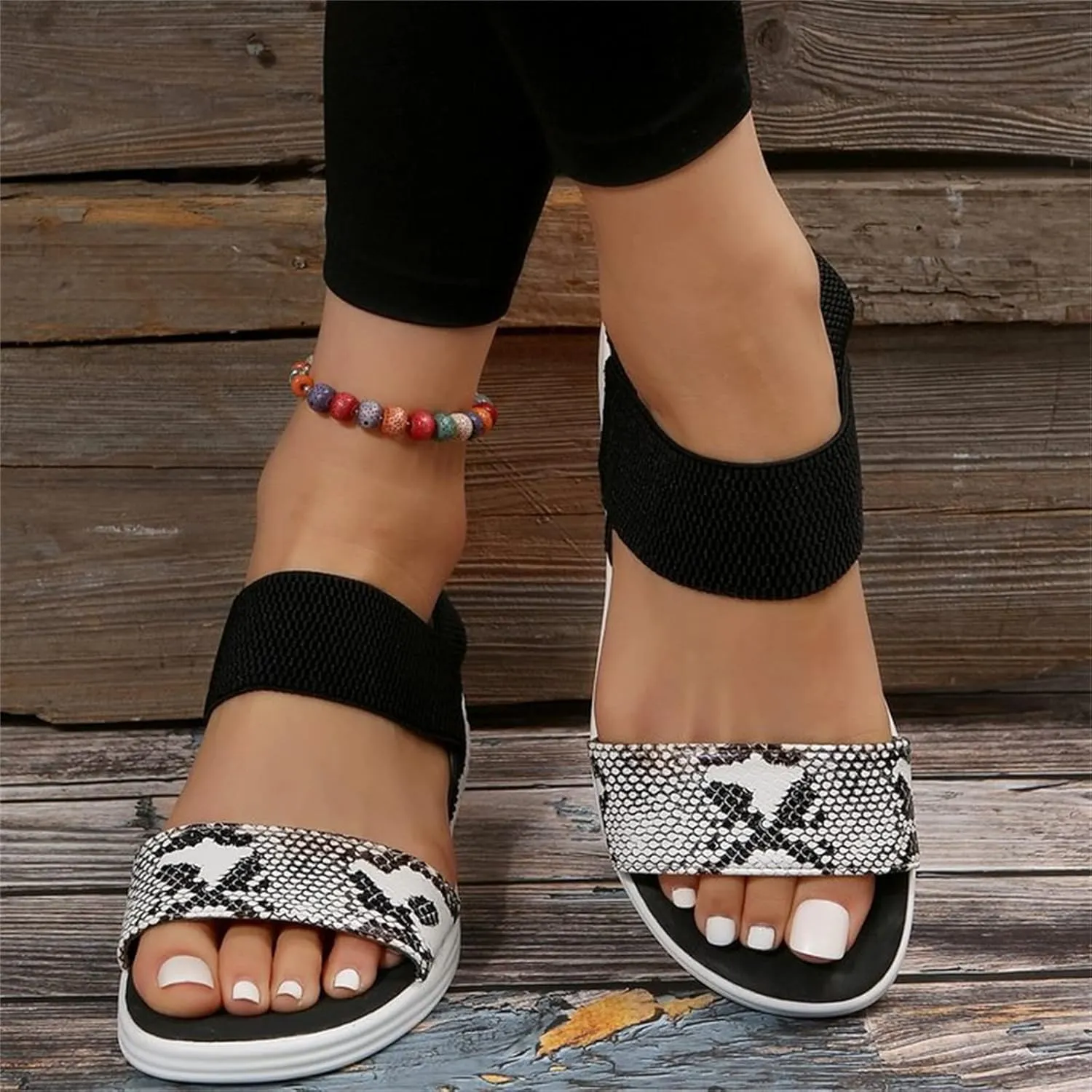 DOIX Womens Summer Snake Print Sport Sandals Comfy Stretch Knit Strap Low Heel Slingback Sandals Casual Open Toe Fish Mouth Sandals Ladies Slip on Walking Shoes,Black,US9/EU40