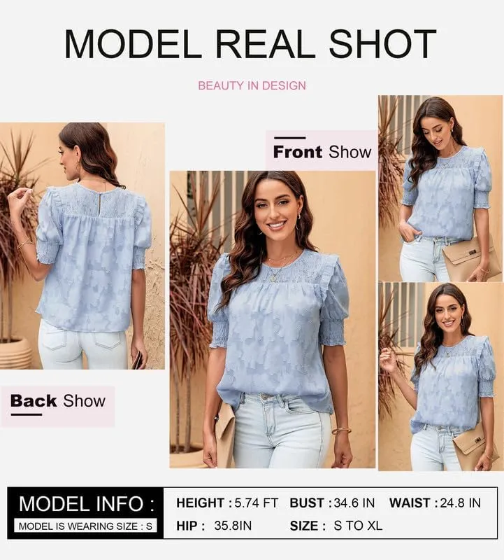 Dokotoo Womens Blouses Half Sleeve Shirred Tops Crewneck Lace Textured Flowy Casual Shirts