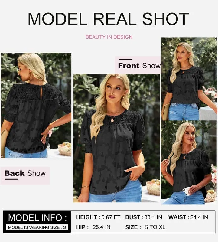Dokotoo Womens Blouses Half Sleeve Shirred Tops Crewneck Lace Textured Flowy Casual Shirts