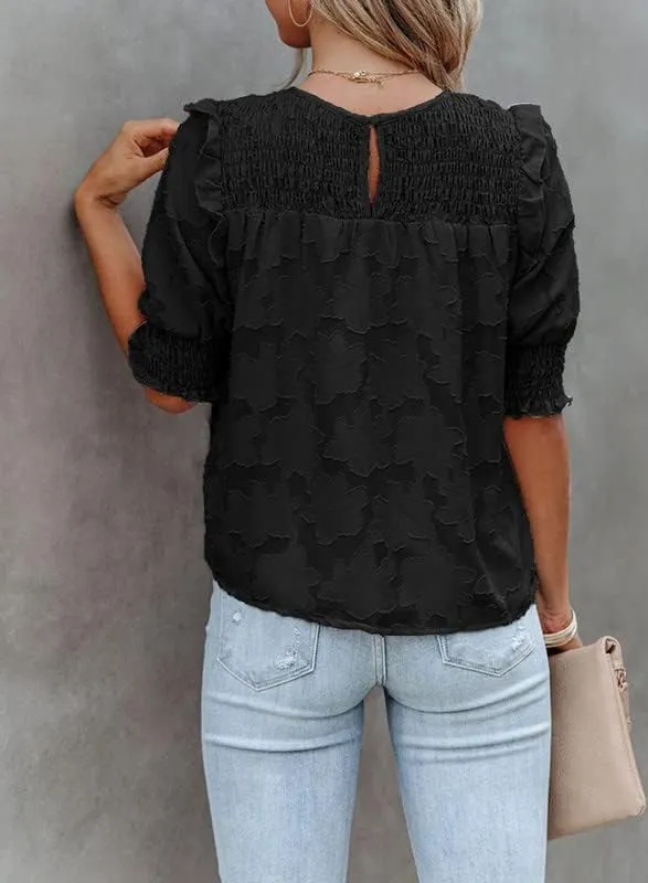 Dokotoo Womens Blouses Half Sleeve Shirred Tops Crewneck Lace Textured Flowy Casual Shirts