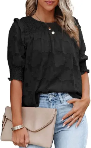 Dokotoo Womens Blouses Half Sleeve Shirred Tops Crewneck Lace Textured Flowy Casual Shirts