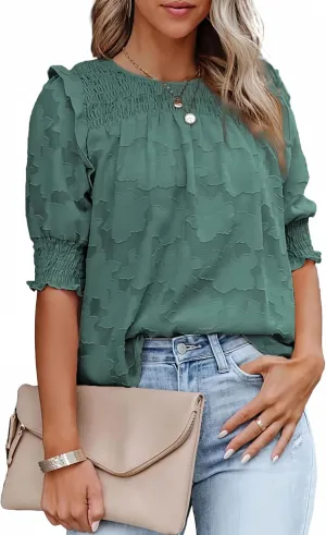 Dokotoo Womens Blouses Half Sleeve Shirred Tops Crewneck Lace Textured Flowy Casual Shirts