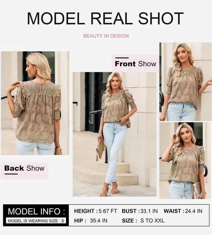 Dokotoo Womens Blouses Half Sleeve Shirred Tops Crewneck Lace Textured Flowy Casual Shirts