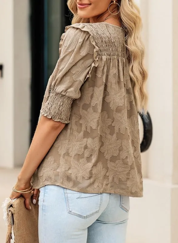 Dokotoo Womens Blouses Half Sleeve Shirred Tops Crewneck Lace Textured Flowy Casual Shirts