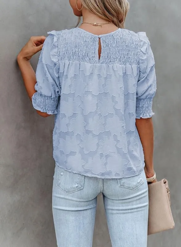 Dokotoo Womens Blouses Half Sleeve Shirred Tops Crewneck Lace Textured Flowy Casual Shirts